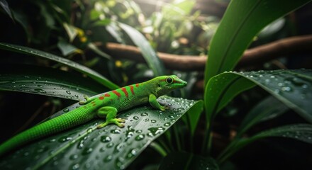 Vibrant green gecko on lush, wet leaves