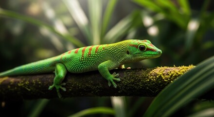 Vibrant green gecko on a mossy branch, bathed in dappled sunlight.  A close-up view of a gecko with lime-green scales and crimson stripes, perched on a dark brown branch overgrown with moss