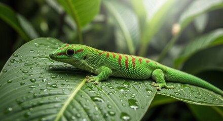 Vibrant green gecko on a dewy leaf