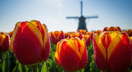 Vibrant red and yellow tulips in a field, Dutch windmill in the background