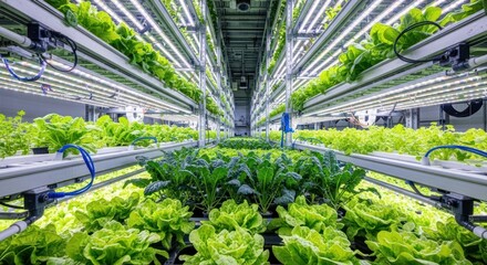 Vertical hydroponic farm, rows of plants under LED lights.  Many levels of trays holding vibrant green leafy greens.  Bright, clean, modern interior