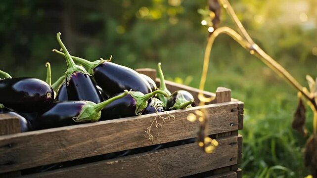 Fresh eggplants in wooden crate displayed outdoors sunlight harvesting concept