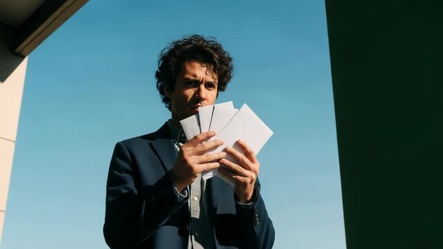 Man in suit holding white envelopes against a clear blue sky