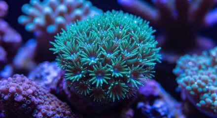 Vibrant, round, teal-green coral cluster in an aquarium setting