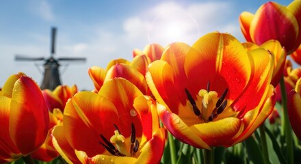 Vibrant tulips, warm hues, and a Dutch windmill