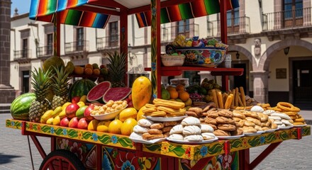 Vibrant street food cart overflowing with tropical fruits, pastries, and snacks. Colorful cart displays a bounty of fresh produce and treats against a backdrop of a bustling plaza