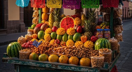 Vibrant street food cart overflowing with colorful fruits and snacks