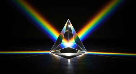 Fototapeta premium Transparent triangular prism refracts white light into a vivid spectrum against a dark background