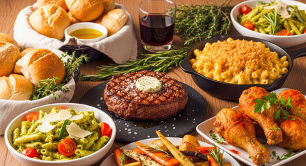 A table set with a variety of dishes, including a steak, pasta, and bread rolls.