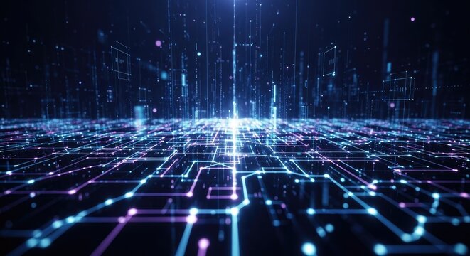 A digital circuit board with glowing blue and purple lights and a central point of light.