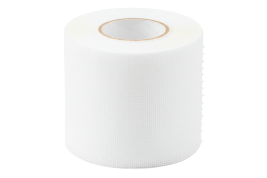 Roll of white fiberglass reinforcing mesh tape for drywall isolated on a transparent background