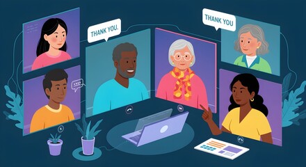 Diverse group engaged in online meeting with thank you messages