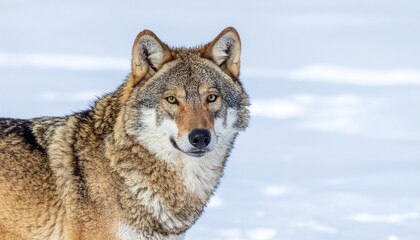 Obraz premium Wild Wolf's Gaze in Snowy Landscape: A lone wolf, with piercing eyes and a thick fur coat, stands majestically amidst a serene, snowy landscape.