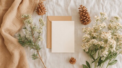 Blank vertical 5x7 card mockup on neutral flat lay with pinecones and woodland elements, soft natural lighting, minimal cozy composition ideal for rustic, nature-inspired design presentation