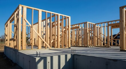Wooden framing of a new house under construction.  Foundation visible.  Clear blue sky