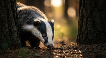 Badger in forest, sunlight