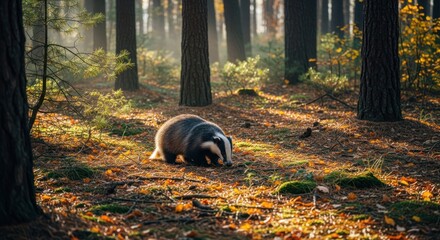 Badger in autumn forest, sunlight filtering through trees