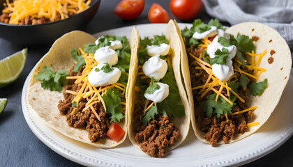 A plate of three delicious keto tacos filled with ground beef cheese cilantro and sour cream topping view