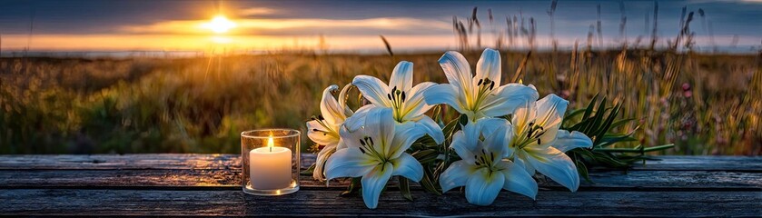 Obraz premium White lilies and candle at funeral sunset concept. Beautiful white lilies with a candle against a sunset backdrop.