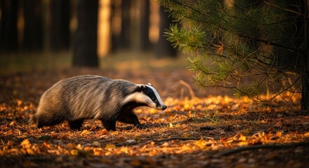 Badger in autumn forest. Sunlight on fallen leaves