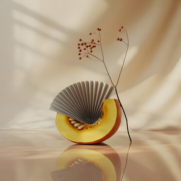 Pumpkin Slice with Fan and Red Berries Still Life