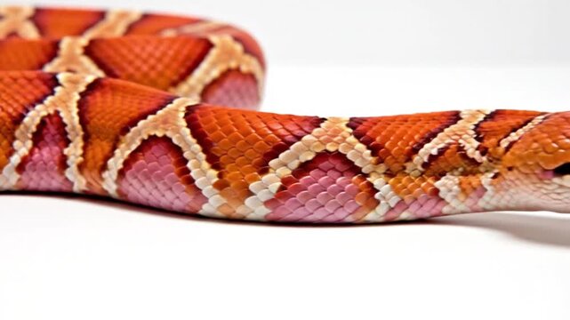 Closeup of an orange and pink patterned snake against a white backdrop