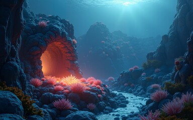 3d render of deep sea hydrothermal vent ecosystem with unique species. High quality