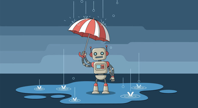 Adorable robot finds shelter under an umbrella amidst a rainy day, symbolizing protection and resilience in unexpected situations.
