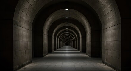 Naklejka premium Repeating series of stone arches forms a long, dark, and illuminated corridor