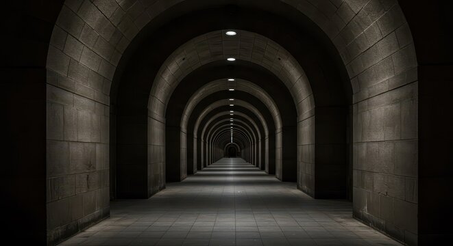 Repeating series of stone arches forms a long, dark, and illuminated corridor