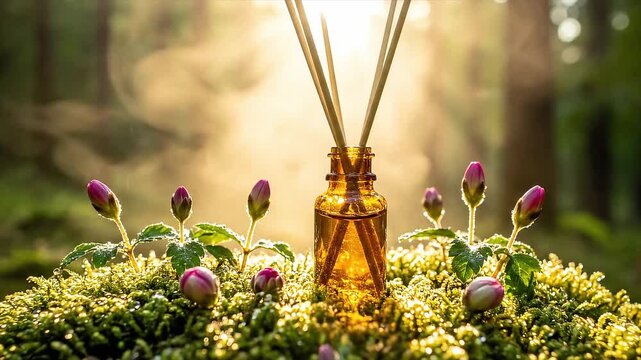 A diffuser bottle arranged amidst the beauty of nature, along with a scented stick and the blooming of flowers.