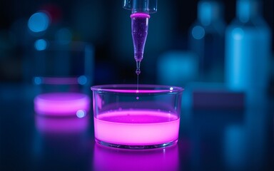 Pipette dropping liquid sample into petri dish with glowing purple bacterial culture in laboratory setting against dark background with bokeh effect. High quality