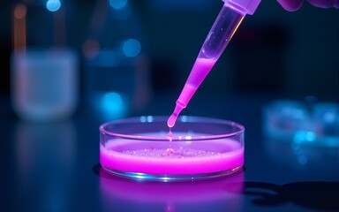 Pipette dropping liquid sample into petri dish with glowing purple bacterial culture in laboratory setting against dark background with bokeh effect. High quality