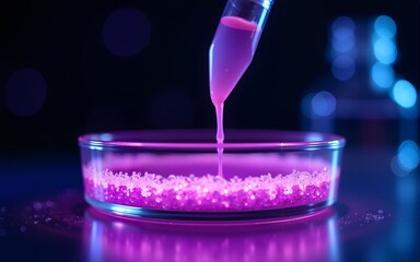 Pipette dropping liquid sample into petri dish with glowing purple bacterial culture in laboratory setting against dark background with bokeh effect. High quality