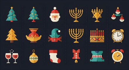 Naklejka premium Festive holiday icons christmas trees santa candles and decorative elements