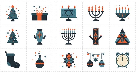 Festive holiday icons christmas tree gift menorah ornament clock vector set