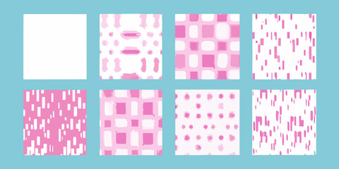 Collection of abstract pink and white patterns with a clean white background and blue border