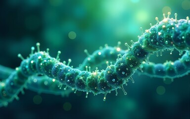 Wavy effect with molecules, data or other tech structure elements. Pharmacy, biotechnology or chemistry design concept. Vector decoration element in green and blue colors. High quality