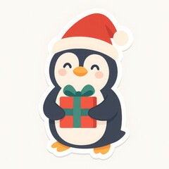 Joyful penguin wears festive Santa hat, holding wrapped gift. Christmas holiday season