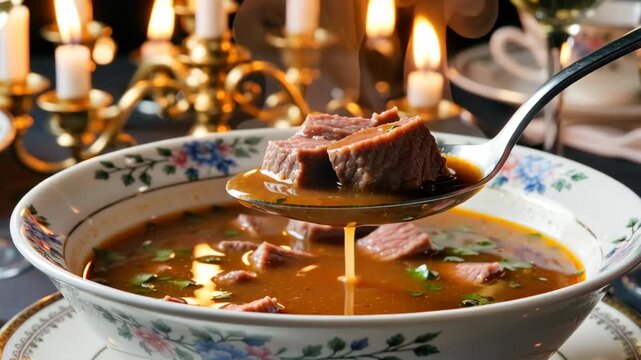 Close-up of a steaming bowl of hearty beef soup with tender chunks of meat, garnished with fresh herbs and surrounded by warm candlelight