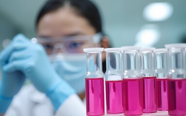 Laboratory scientist with pink liquid samples, horizontal, suitable for medical research, pharmaceutical development, scientific innovation, healthcare solutions and biotechnology content