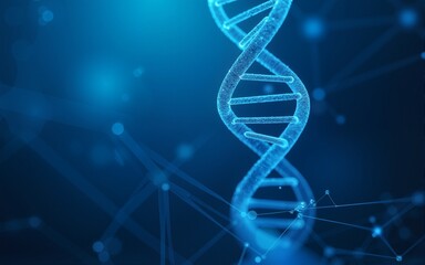 Blue background with a DNA double helix and digital network, a science or technology concept for medical research. High quality