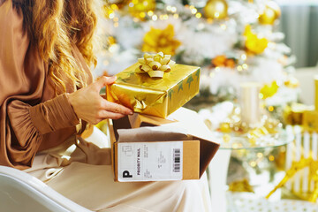 A woman with long blonde hair, dressed in a brown silk blouse, holds a beautiful gold-wrapped gift above an open shipping box. A blurred Christmas tree adds to the festive holiday mood.