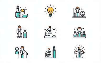 Set of Biotechnology line icons. Includes icons for scientific, innovation, scientist, experiment, microscope, interaction, science. Minimalist editable vector icon and illustration. High quality
