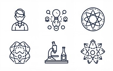 Set of Biotechnology line icons. Includes icons for scientific, innovation, scientist, experiment, microscope, interaction, science. Minimalist editable vector icon and illustration. High quality