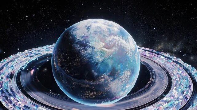 Ringed Planet With Blue Atmosphere And City Lights Visible In Dark Outer Space Galaxy With Stars And Nebulae