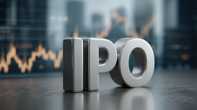 IPO Sign: A shiny IPO sign stands boldly against a backdrop of financial charts, representing the dynamic world of Initial Public Offerings and financial markets.
