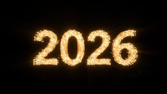 Year two zero twenty six numbers glowing gold on black background for calendar or event planning concept