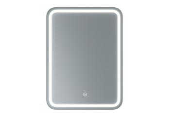 Rectangular led smart mirror with illuminated frame and power button, adding modern style to smart home decor