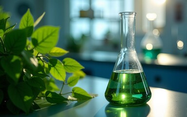 In the biotechnology science laboratory, a beaker and flask stand amidst vibrant green leaves, merging the precision of scientific research with the beauty of nature. Generative AI. High quality